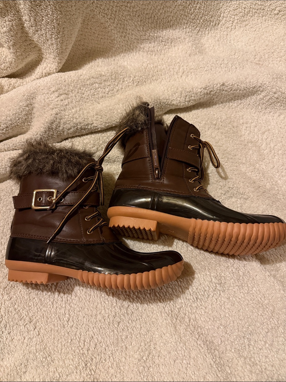 Nature Breeze Brown Faux Fur Waterproof Lace-Up Rain Boots